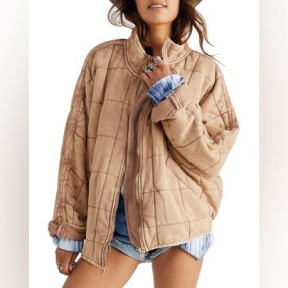 Free People Quilted Dolman-Sleeve Jacket Tan Champagne Diamonds Womens Size XS - Picture 1 of 13